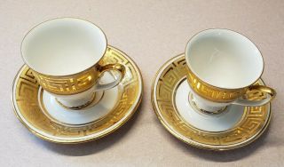 Set Of 2 Vintage Waldershof Bavaria Greek Key Gold Trim Demitasse Cup & Saucer