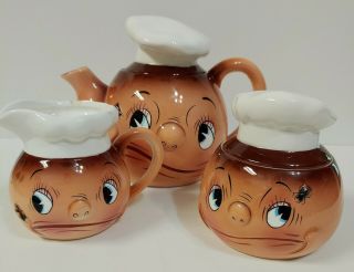 Vintage Anthropomorphic Japan " Oh My A Fly " Teapot,  Creamer & Sugar Bowl