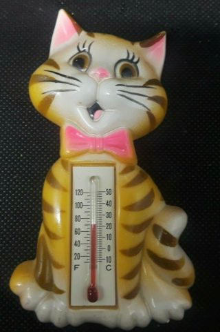 Vintage Plastic Tabby Cat Magnetic Thermometer J.  S.  N.  Y Hong Kong