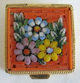 Vintage Micro Mosaic Floral Pill Box Made In Italy,  Gold Tone,  Trinket Box