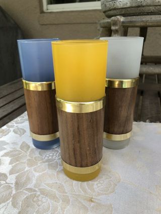 3 Vintage Siesta Ware Frosted Glass Tumblers Mahogany Wood Jackets Tiki Tropical
