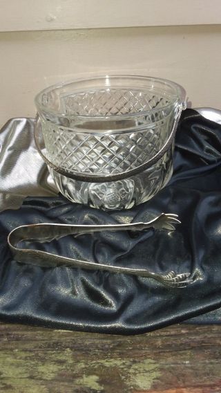 Vintage 60s Glass Ice Bucket With Hammered Metal Handle & Tongs