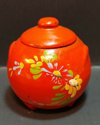 Ransburg Orange/red Hand Painted Vintage Pottery Footed Grease Jar With Lid