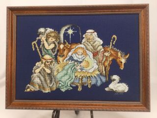 Vtg Nativity Christmas Large Completed Counted Cross Stitch Framed Wall Art 1991