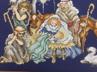 VTG NATIVITY Christmas Large Completed Counted Cross Stitch Framed Wall Art 1991 2