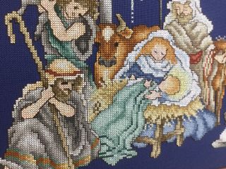 VTG NATIVITY Christmas Large Completed Counted Cross Stitch Framed Wall Art 1991 3
