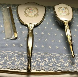Vintage Gold Tone Dresser Vanity Set Hand Mirror,  Brush,  Comb,  Victorian Floral