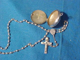 Vintage STERLING Silver w BLUE GUILLOCHE Enamel ROSARY CASE w STERLING ROSARY 2
