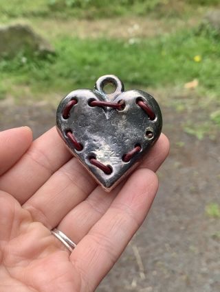 Vintage 925 Sterling Silver Hollow Heart Pendant With Red Leather Weaving 2