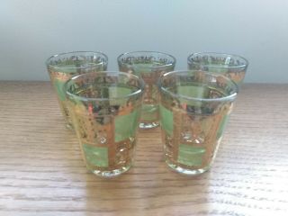 Vintage Shot Glass Set With Green And Gold Foil Coloring,  Set Of 5