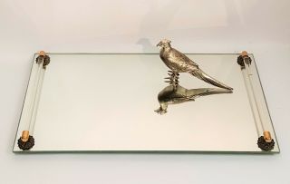 Vintage Glass Handle Brass Footed Vanity Mirror Art Deco Dresser Perfume Tray