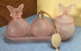 Pink Swirl Frosted Glass Butterfly 4 Piece Dresser Set Incl Atomizer & Tray
