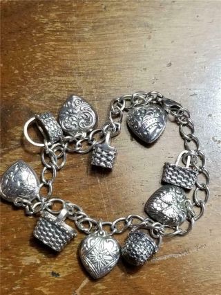 Vintage 1990s Sterling Silver 10 Charm Bracelet Longaberger Baskets & Hearts