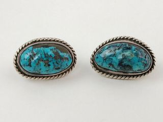 Vintage Navajo Turquoise & Sterling Silver Hoop Earrings Native American