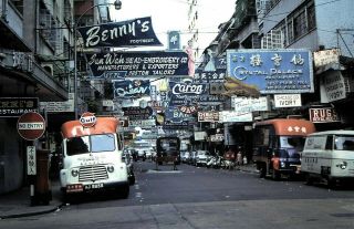 1967 Orig Kodachrome Slide,  Hong Kong Street Scene,  Vintage Trucks,  Neon Signage