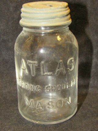 Vintage Miniature Atlas Strong Shoulders Mason Jar Razor Blade Bank Zinc Lid