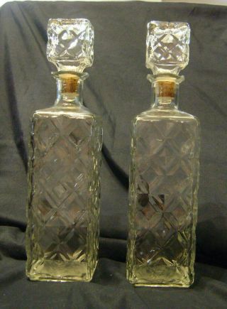2 - Vintage Square Glass Liquor Whiskey Bottle Decanter With Square Stoppers