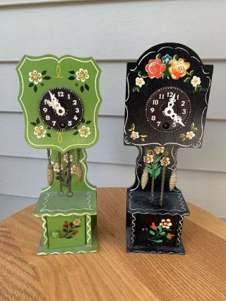 (2) Vintage German Painted Miniature Wind Up Grandfather Clocks
