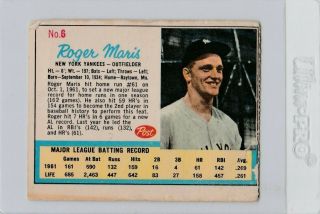 1962 Post Cereal 6 Roger Maris York Yankees Vintage
