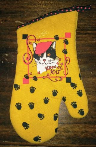 Vintage Cat Kitten Oven Mitt Glove Kitchen Quilted Kooool Kat Yellow Paw Print