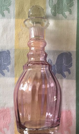 Iridescent Tall Pink Vintage Glass Bottle Decanter With Clear Stopper Swirl Wine