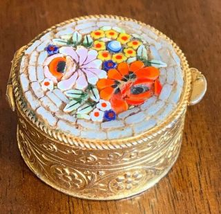 Vtg Italy Micro Mosaic Inlaid Floral Embossed Millefiori Pill Trinket