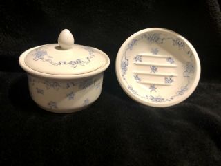 Ribbons Exclusive To Laura Ashley Blue Soap Dish And Lidded Container