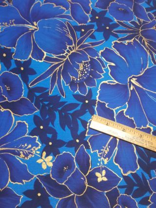 Vintage Vhy Hawaiian Textiles Fabric Cotton Blue Gold Metallic X6737 17 " X 36 "