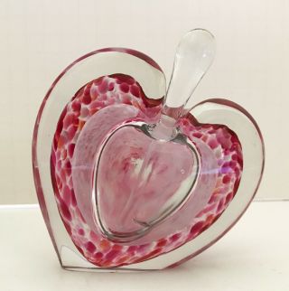Hand Blown Art Glass Heart Bottle With Stopper Paper Weight Sculpture