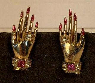 Coro Vtg Gold Tone Pink Clear Rhinestone Ladies Hand Screwback Earrings Signed