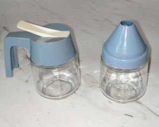 Vintage Gemco Usa Sugar Pourer Shaker And Creamer Country Blue Lids