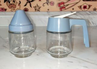 Vintage GEMCO USA sugar pourer shaker and creamer country blue lids 2