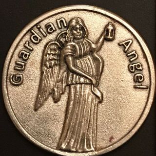 Vintage Catholic Guardian Angel Silver Tone Medal Token