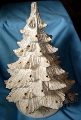 Vintage Ceramic Christmas Tree White With Blue Bird Bulbs 16” On Base