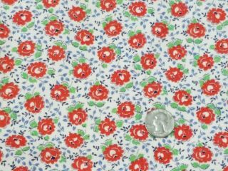 Vintage Feedsack Fabric: Red Roses With Blue Leaves On White 28x37 In.