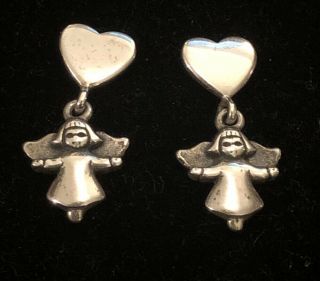 Vintage James Avery 925 Sterling Silver Angel Dangle Earrings On Heart Posts