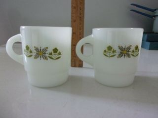 Vintage Anchor Hocking Fire King Coffee Cup Mugs With Green Flowers