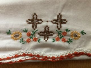 Vintage Standard Pillowcase Embroidered Cross And Flowers,  Crocheted Edge