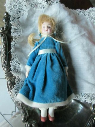 Vintage Girl Porcelain Doll Victorian Christmas Tree Blue And White Dress