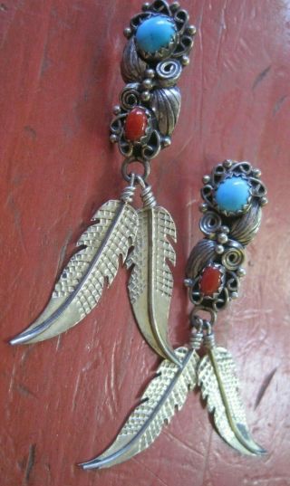 Vintage Navajo Native Sterling Silver Turquoise Coral Feather Dangle Earrings