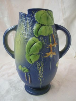Vintage Pottery Roseville Fuchsia Fushia Blue Handled Vase 894 - 7 Paper Label