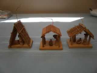 3 Vintage Christmas Ornaments - Small Wood Nativity With The Holy Family 2 "