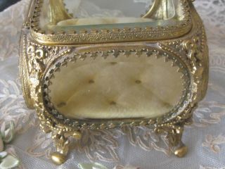 Vintage French Design Ormolu Jewelry Box Beveled Glass 3.  5 " H X 4.  5 " W