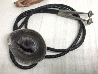 Old Pawn Vintage Navajo Hand Stamped Sterling Silver Moss Agate 34” Bolo Tie