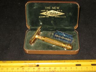 Vintage Gillette Safety Razor,  Box,  Gold Tone,  Shaving Collectible,  Antique
