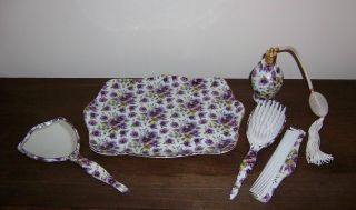 Dresser Vanity Set - Purple Pansy Flower - Tray,  Mirror,  Comb,  Brush & Perfume