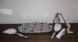 Dresser Vanity Set - Purple Pansy Flower - Tray,  Mirror,  Comb,  Brush & Perfume 2