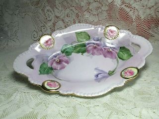 Vintage Hand Painted Purple Pansies And Pink Roses With Gold Trim Dish Ot Tray