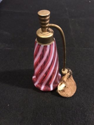 Vintage Red And White Swirled Stripes Blown Glass Perfume Bottle W/ Atomizer