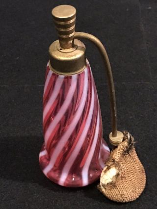 Vintage Red And White Swirled Stripes Blown Glass Perfume Bottle w/ Atomizer 2